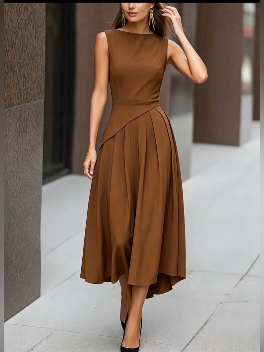 Elegant Chocolate Brown Sleeveless Midi Dress Pleated A-Line Waist Detail Sz 14